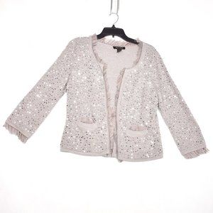 White House Black Market Women's Cardigan Sweater Gray Silver Sequins Ruffle Med